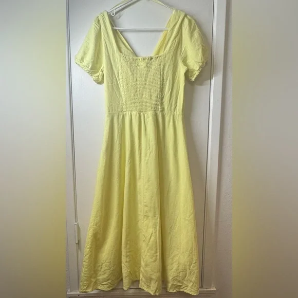 Gap Linen Cotton Blend Cottagecore Yellow Midi A Line Short Sleeve Dress 4 Tall - Picture 7 of 12